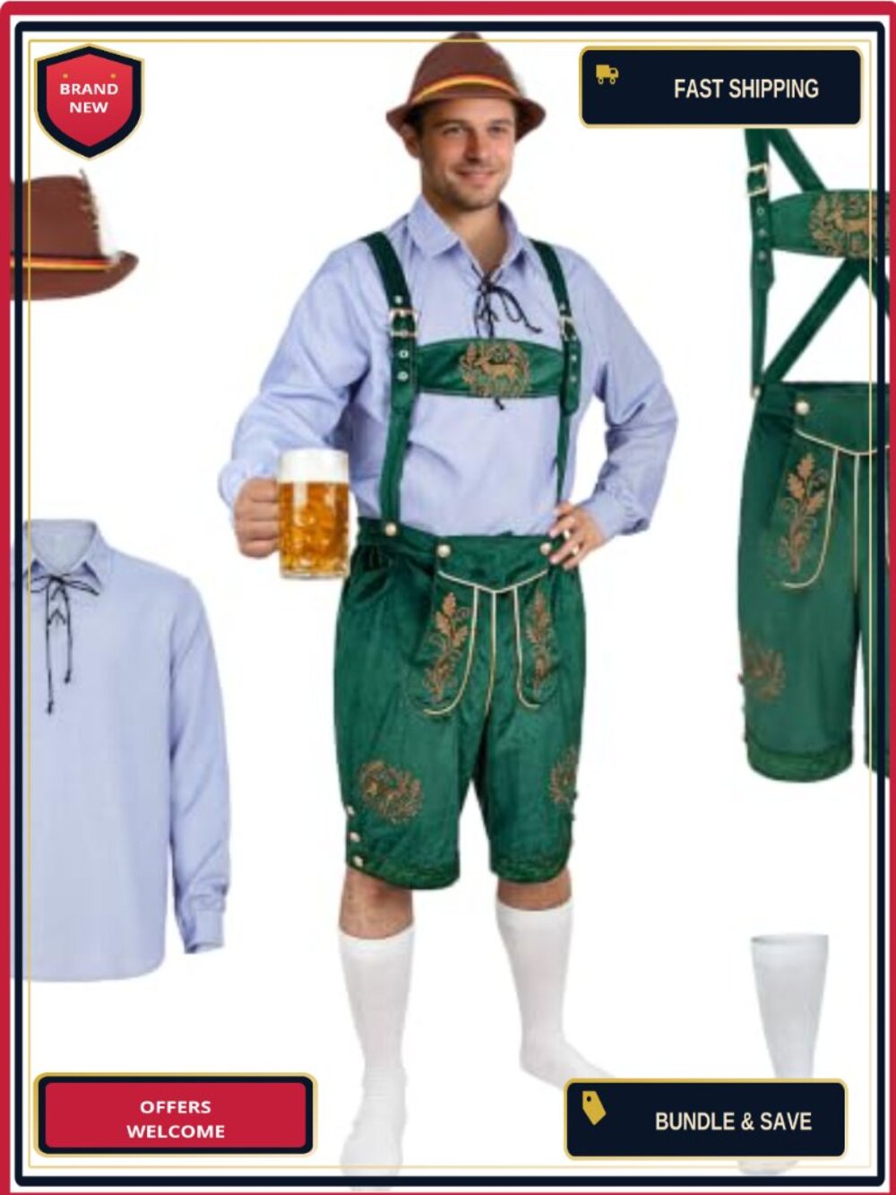 Oktoberfest Bavarian Lederhosen Costume Set with Hat Socks Shirt